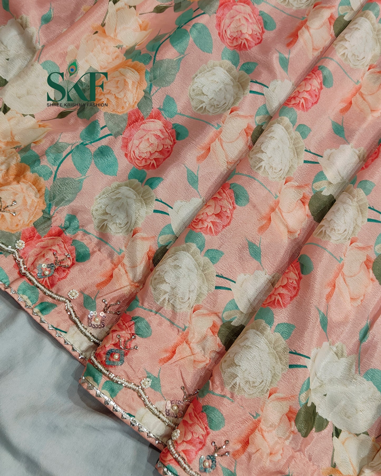 CHINON FLORAL DIGITAL PRINT HANDWORK BLUSHPINK SAREE BY SKFBHOLUBHAI