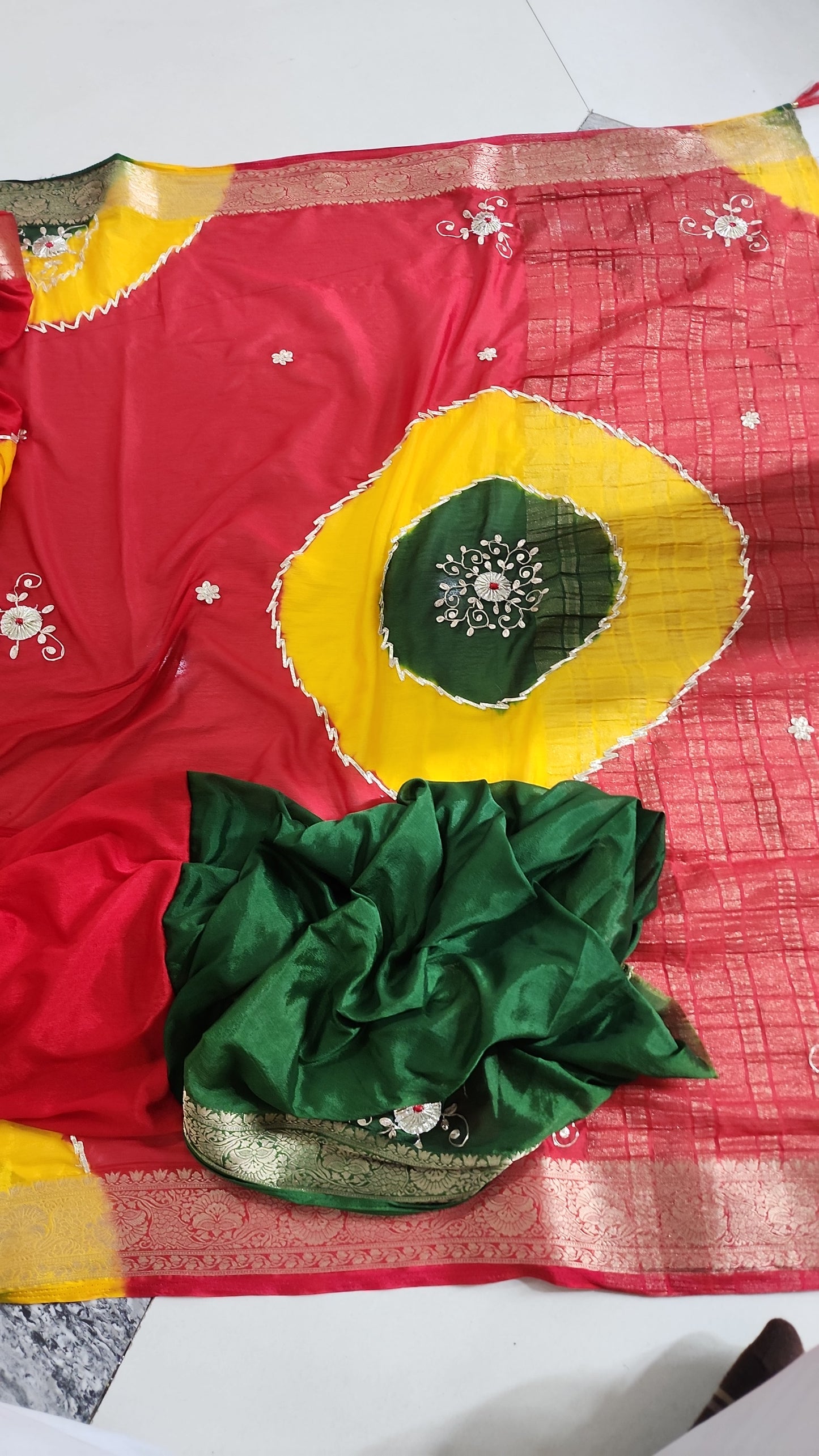 JAIPURI CHINON WITH KACHHA GOTA WORK GHEVAR BANDHEJ RED COLOUR SAREE