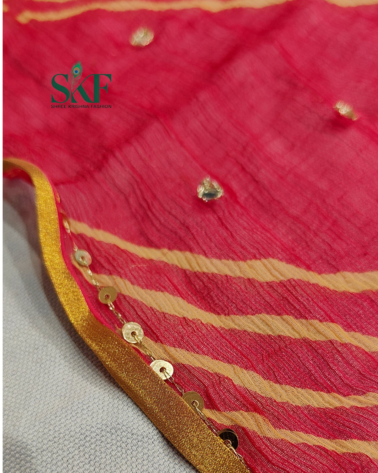 CHIFFON LEHRIYA OMBRE DYE AARI MIRROR WORK BUTTY MULTICOLOUR SAREE BY SKFBHOLUBHAI