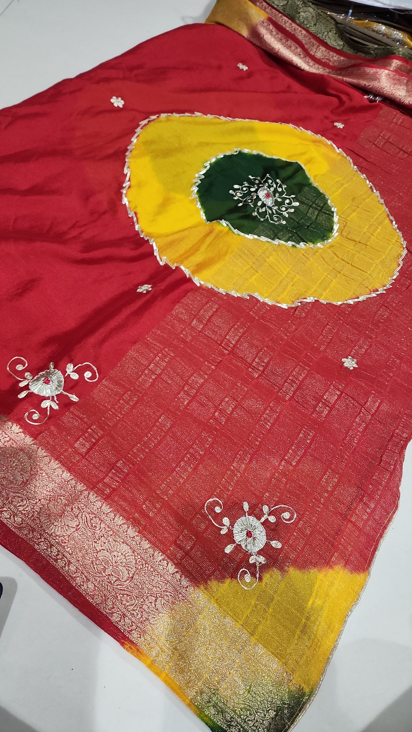 JAIPURI CHINON WITH KACHHA GOTA WORK GHEVAR BANDHEJ RED COLOUR SAREE
