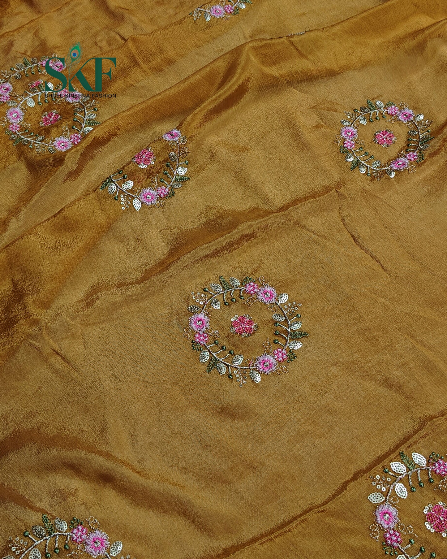 CHINON SEQUENCE EMBROIDERY WEAVING WORK MUSTARD SAREE BY SKFBHOLUBHAI