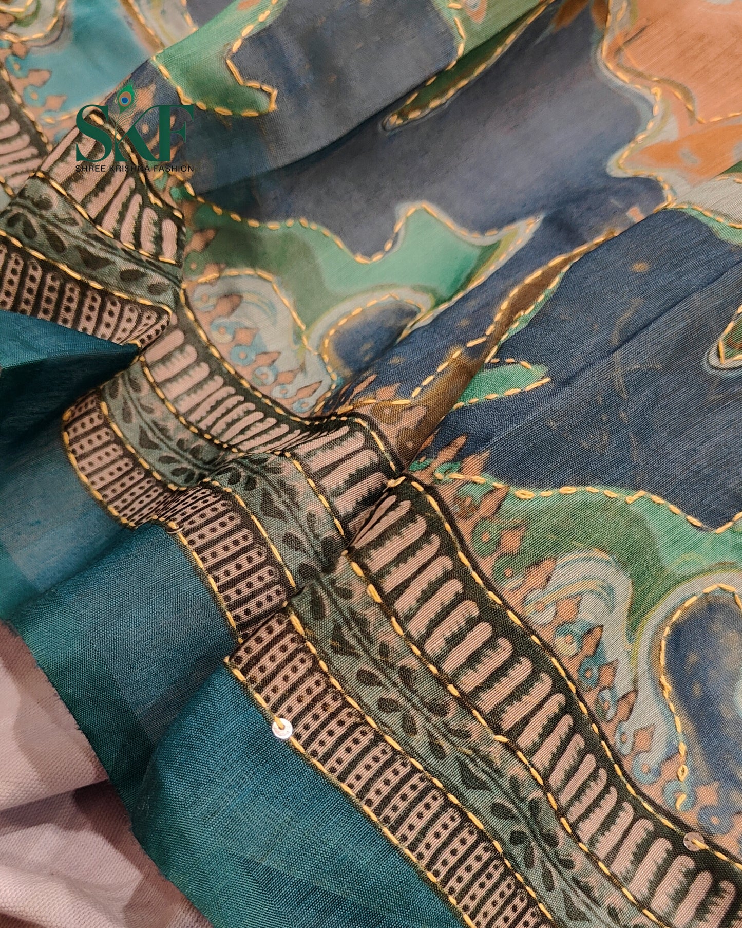 CHANDERI COTTON BRUSH PRINT KHATHA WORK TEAL BLUE SAREE BY SKFBHOLUBHAI