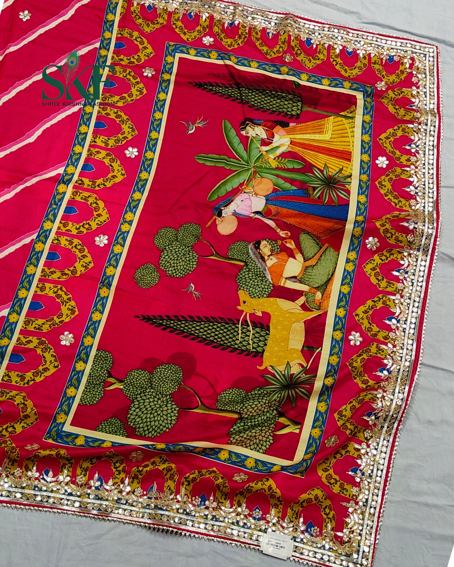 TUSSAR SILK LEHRIYA HAND GOTTA DIGITAL PRINT WORK RANI PINK SAREE BY SKFBHOLUBHAI