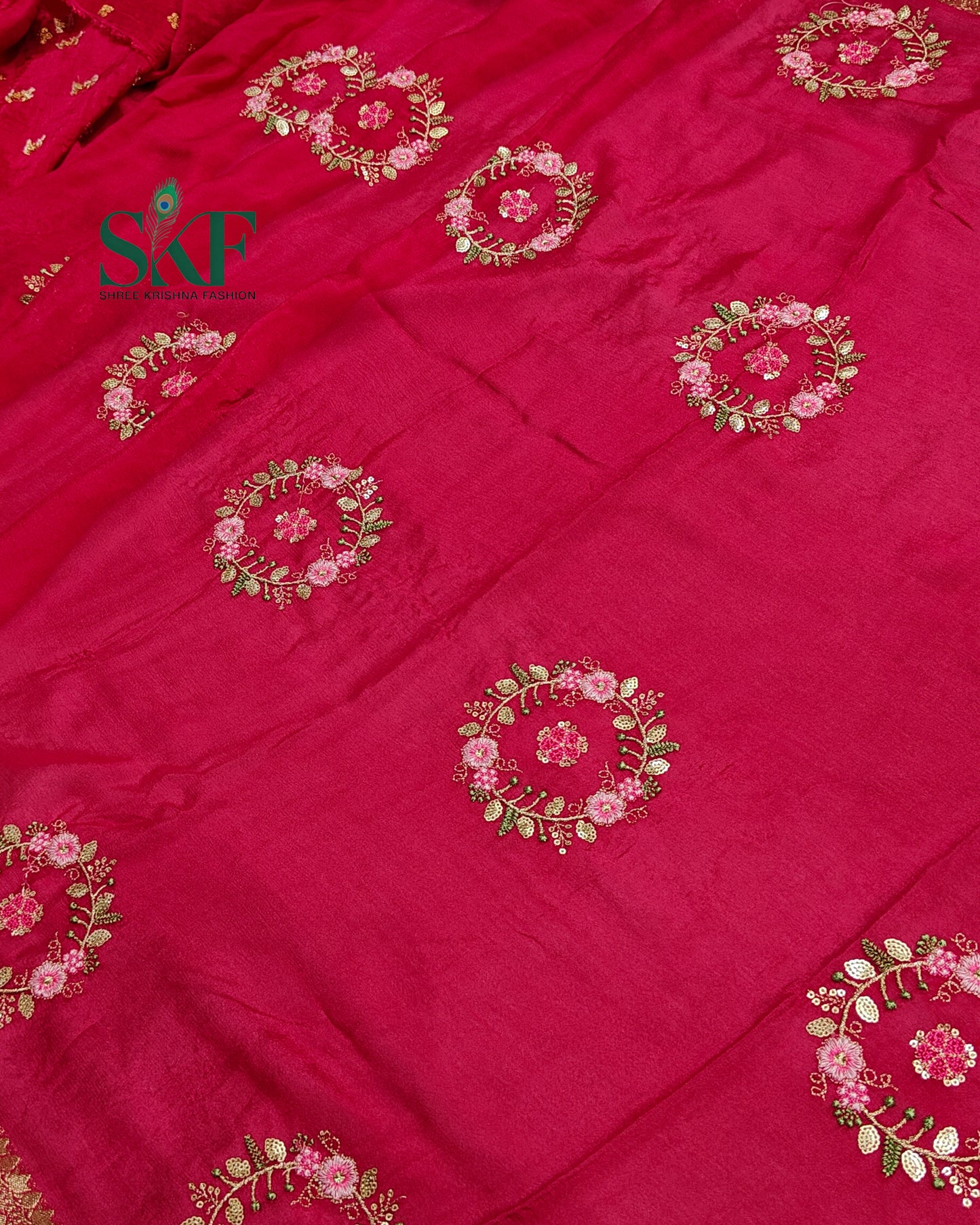 CHINON SEQUENCE EMBROIDERY WEAVING WORK RANIPINK SAREE BY SKFBHOLUBHAI