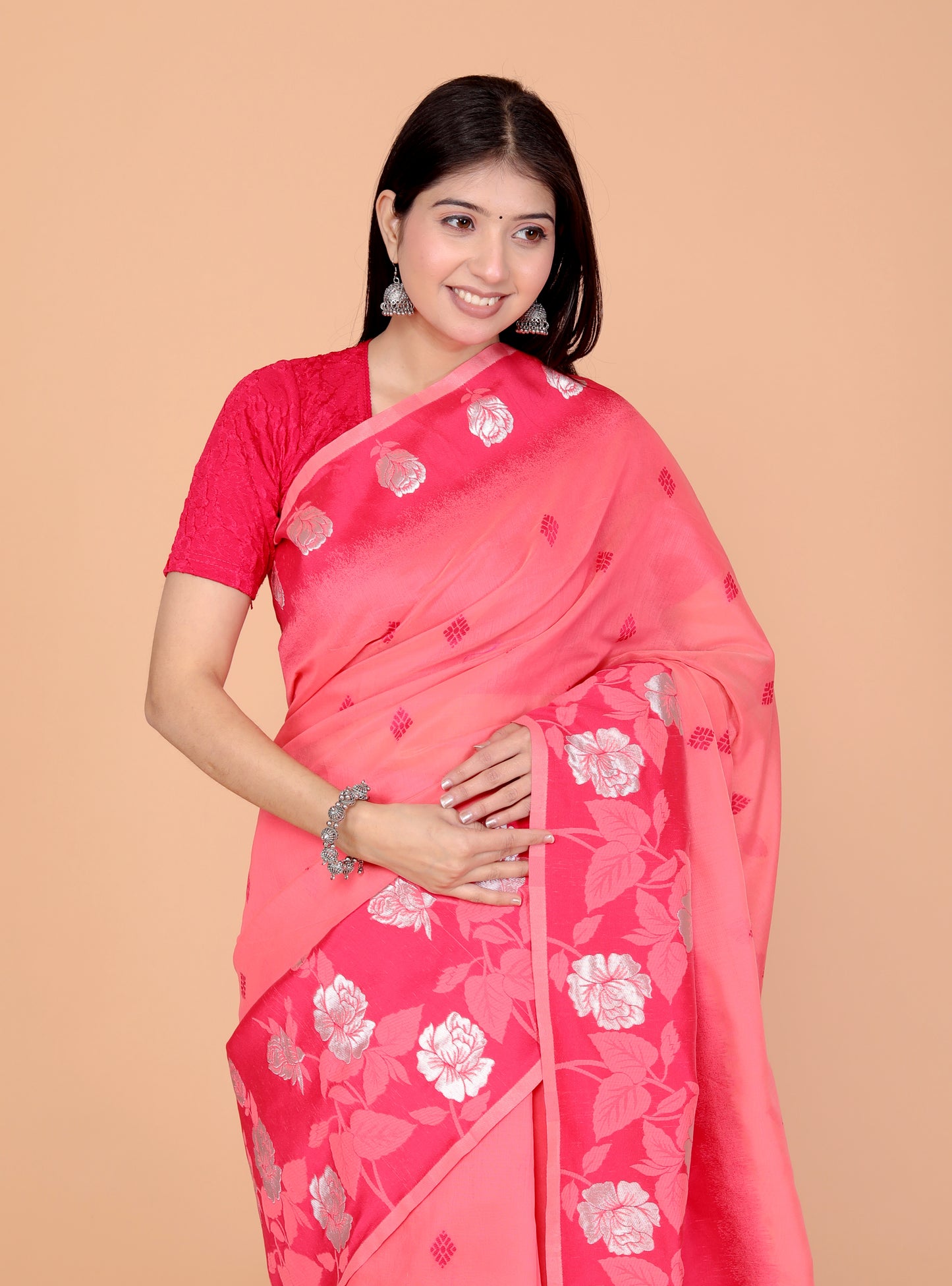 COTTON BLEND WEAVING RED PINK SAREE BY SKFBHOLUBHAI