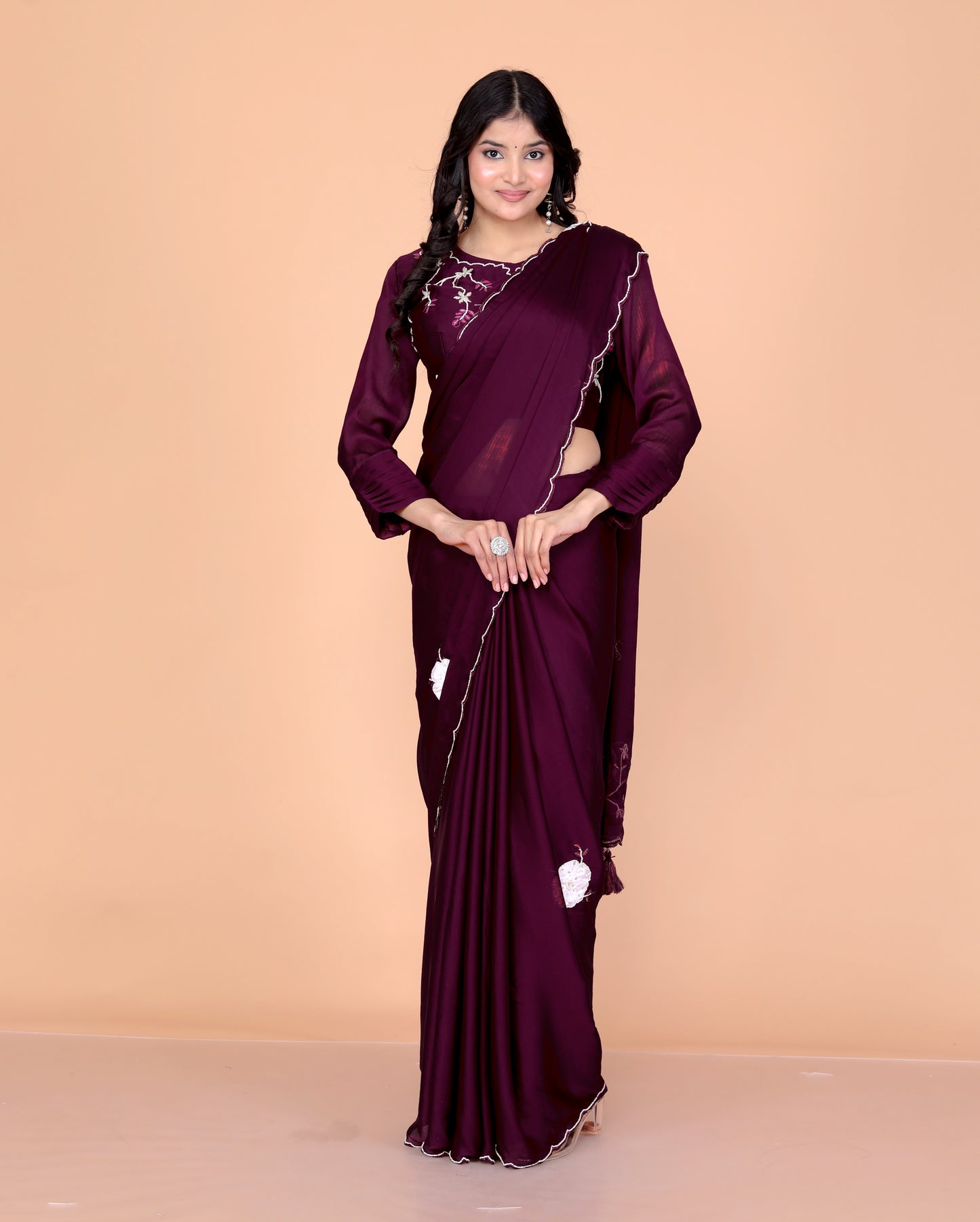 CHINON CREPE HAND BEADED WORK STICH BLOUSE WINE SAREE BY SKFBHOLUBHAI
