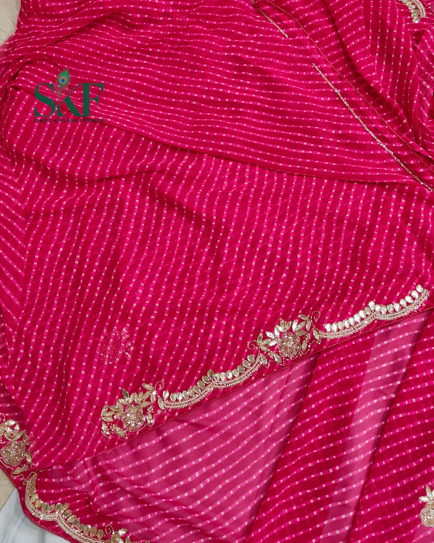 GEORGETTE MODHA LEHRIYA GOTTA PEARL HANDWORK RANIPINK SAREE BY SKFBHOLUBHAI