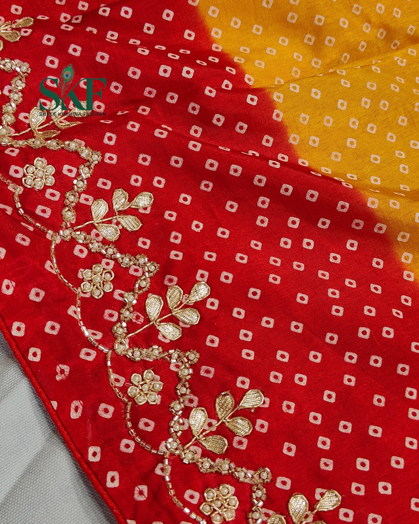 RUSSIAN SILK CHAKRA BHANDHANI GOTTA HANDWORK RED&YELLOW SAREE BY SKFBHOLUBHAI