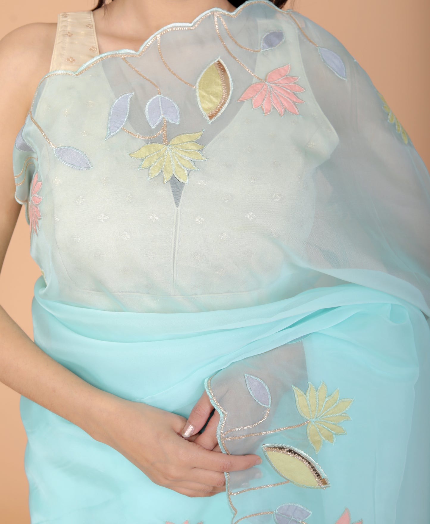 TISSUE APPLIQUE WORK DESIGNER SKY BLUE SAREE BY SKFBHOLUBHAI