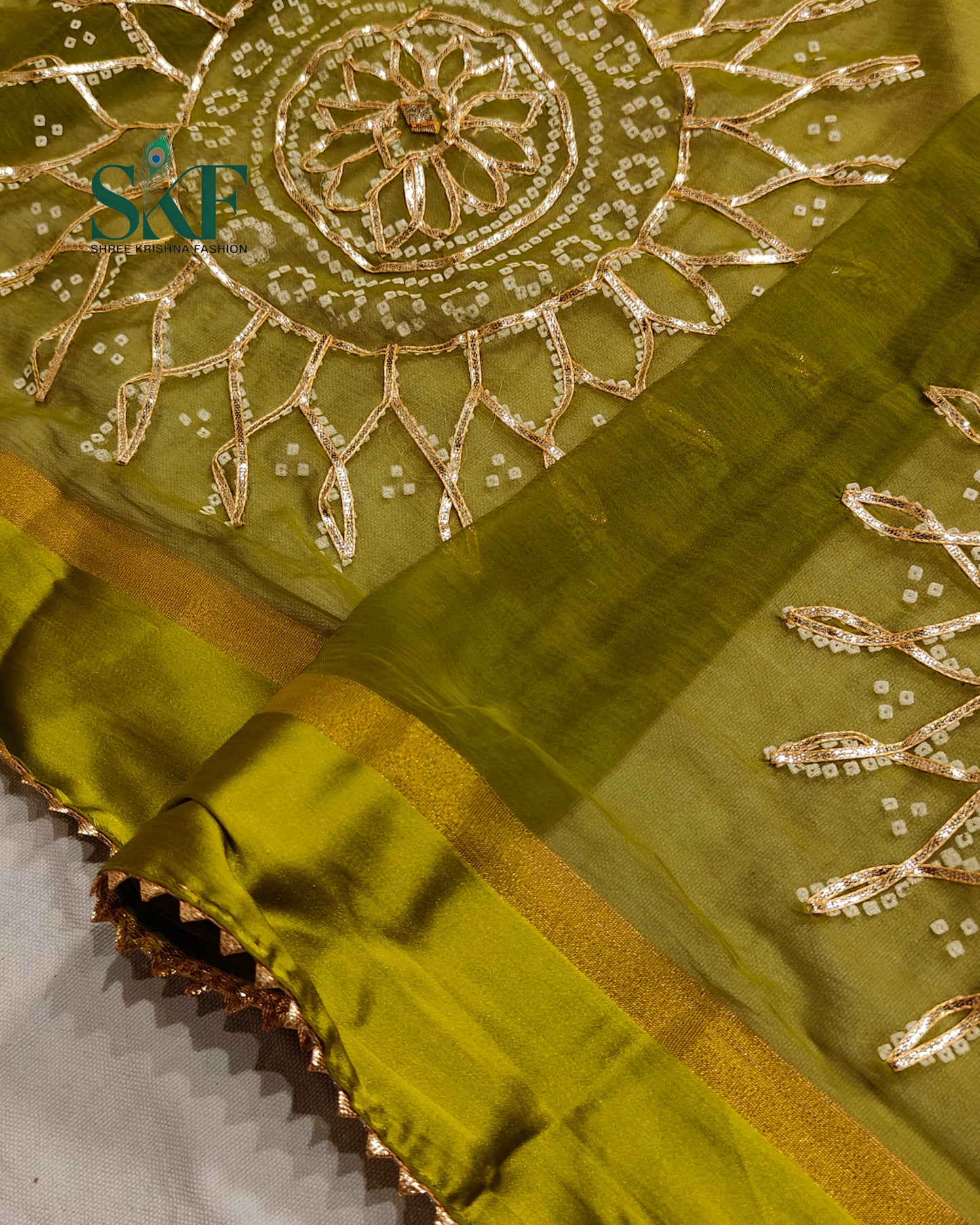 DIAMOND CHIFFON BHANDHANI KACHAGOTTA WORK PARROT GREEN SAREE BY SKFBHOLUBHAI