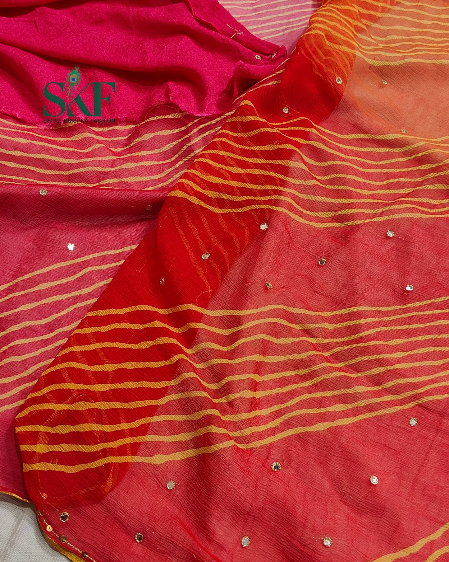 CHIFFON LEHRIYA OMBRE DYE AARI MIRROR WORK BUTTY MULTICOLOUR SAREE BY SKFBHOLUBHAI