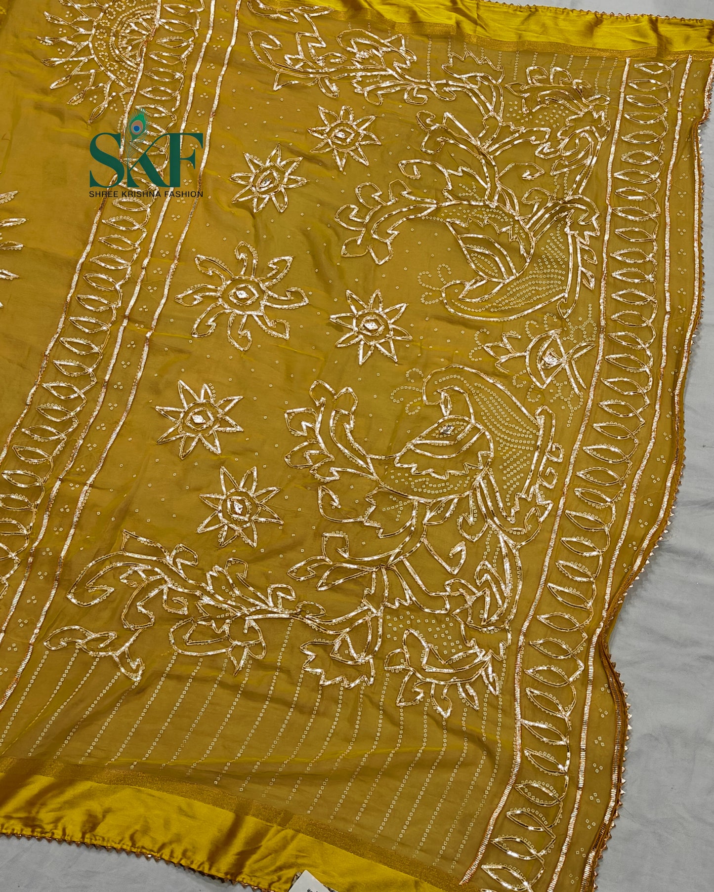 DIAMOND CHIFFON BHANDHANI KACHAGOTTA WORK MEHNDI GREEN SAREE BY SKFBHOLUBHAI