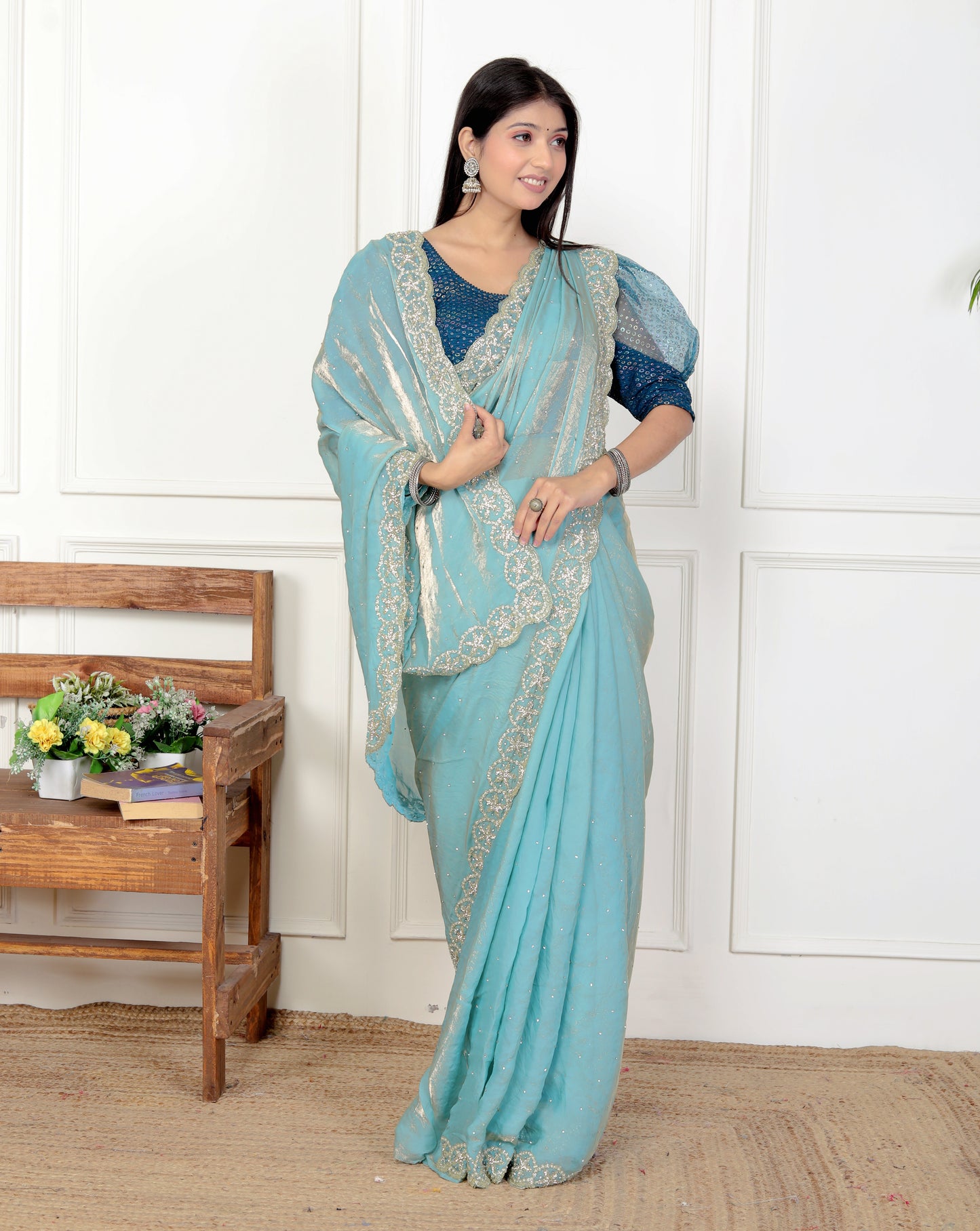 TISSUE SHIMMER BORDER HANDWORK SAREE