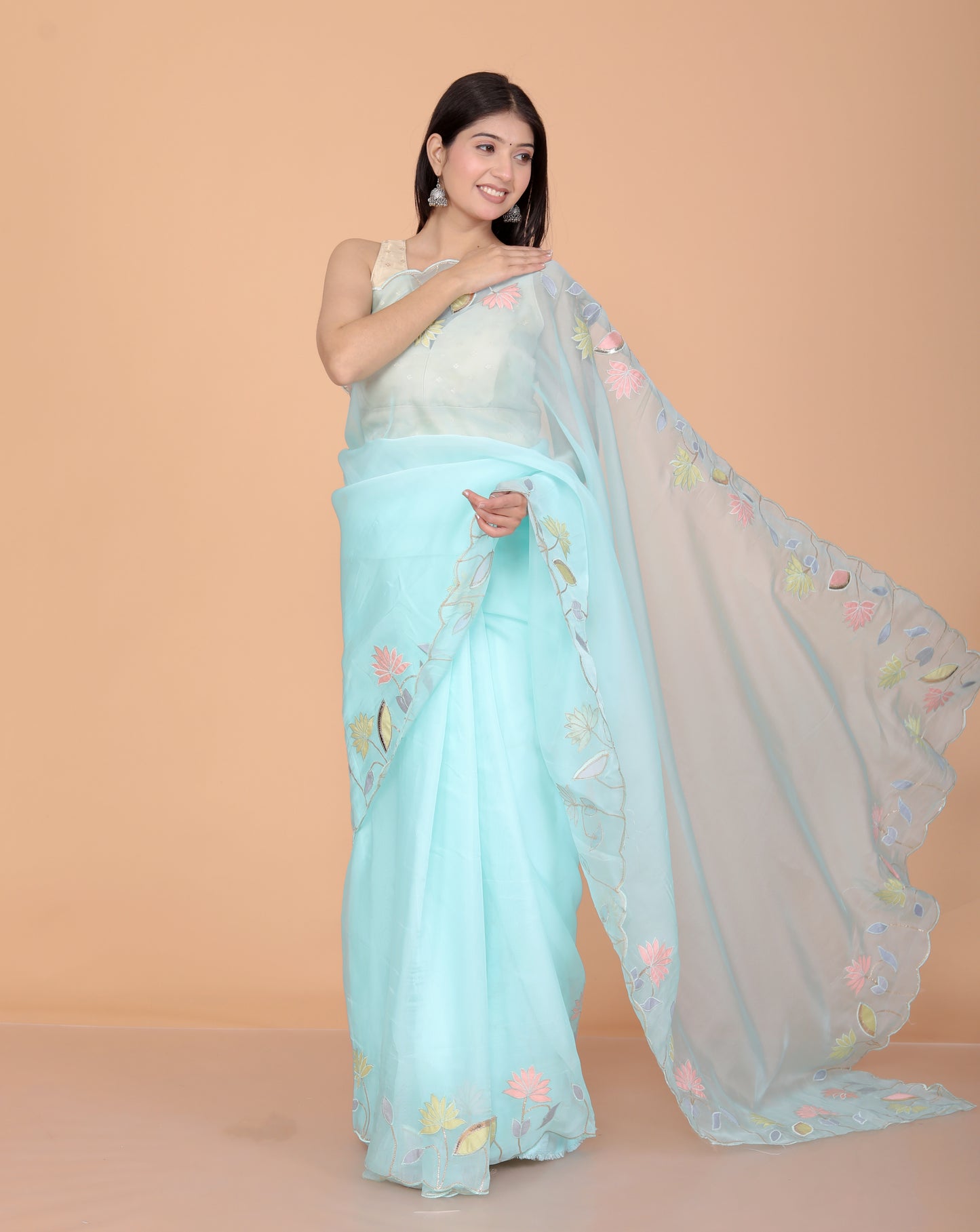 TISSUE APPLIQUE WORK DESIGNER SKY BLUE SAREE BY SKFBHOLUBHAI