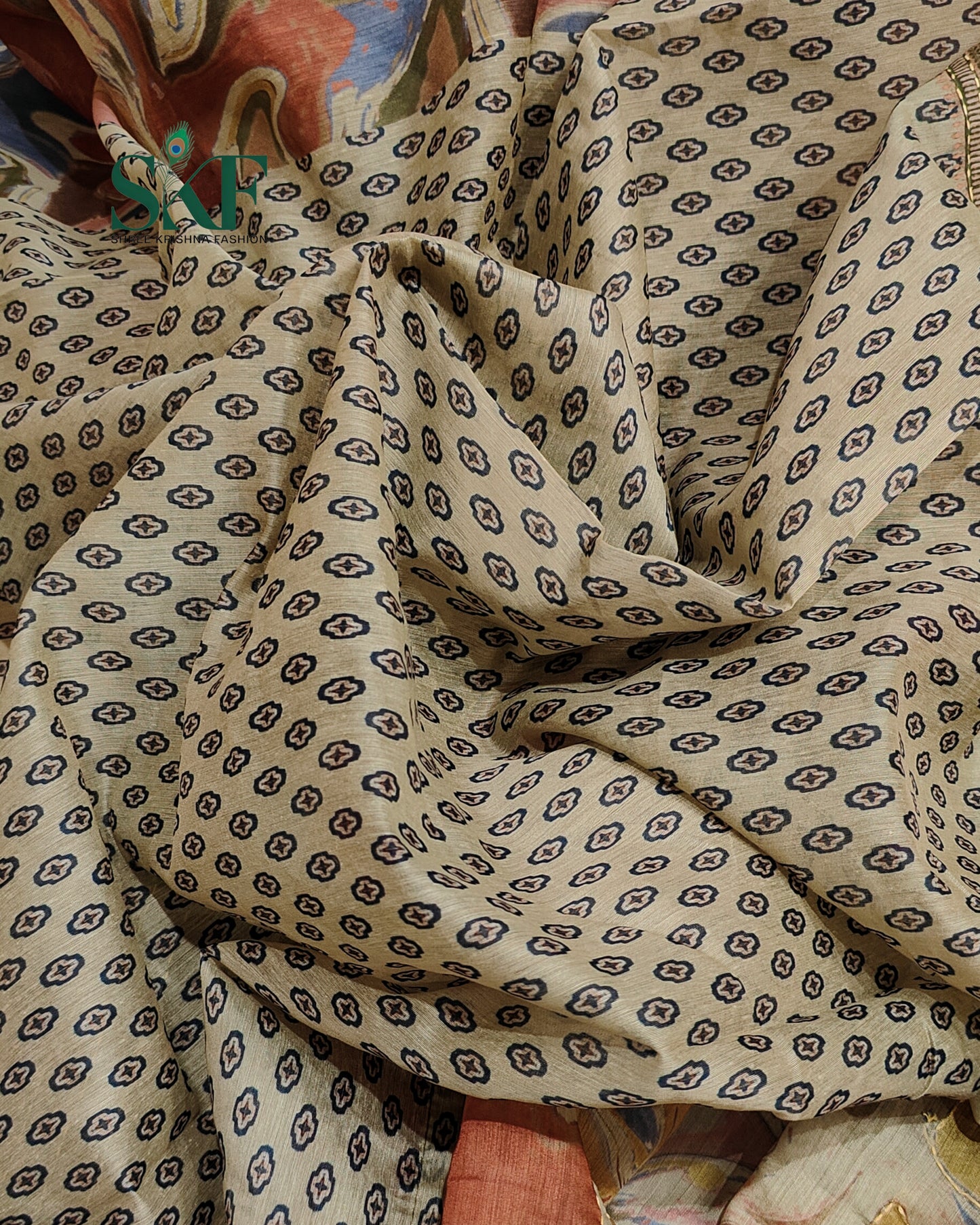 CHANDERI COTTON BRUSH PRINT KHATHA WORK BROWN SAREE BY SKFBHOLUBHAI