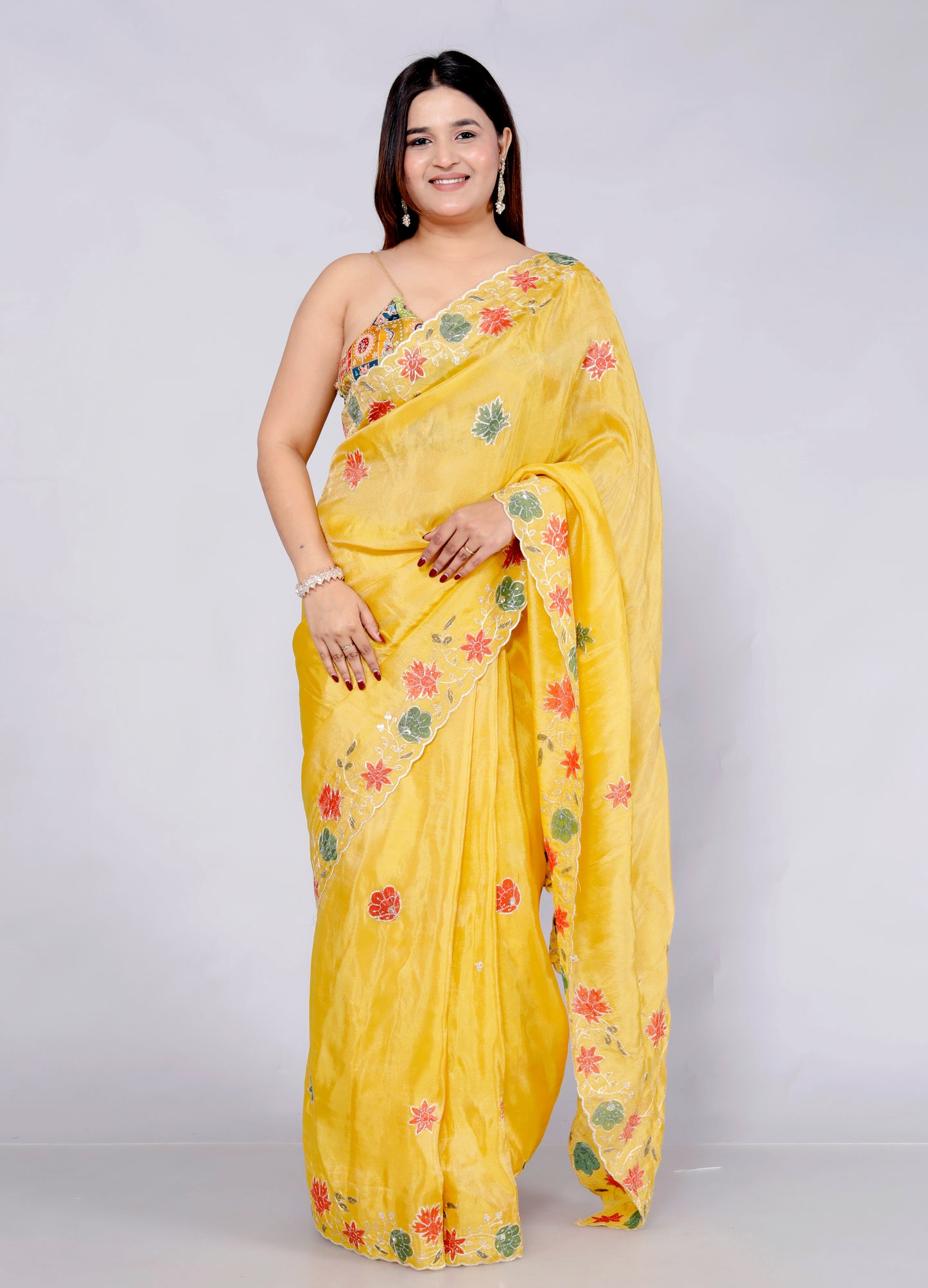 HO SILK HAND PAINTED ZARI OUTLINE VIBRANT YELLOW SAREE BY SKFBHOLUBHAI