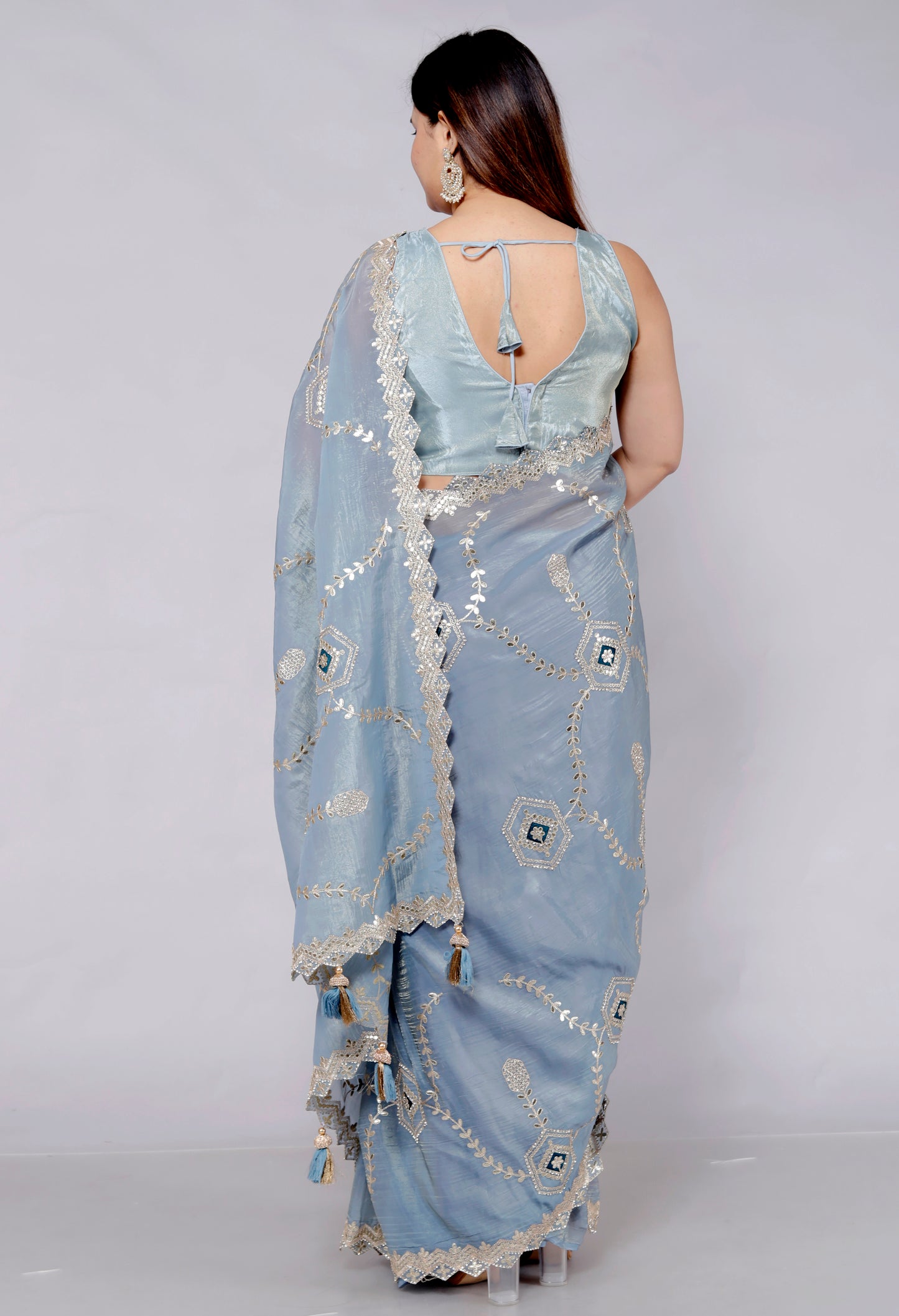 CRUSH TISSUE ZARI GOTTA EMBROIDERY JAAL ICE BLUE SAREE BY SKFBHOLUBHAI