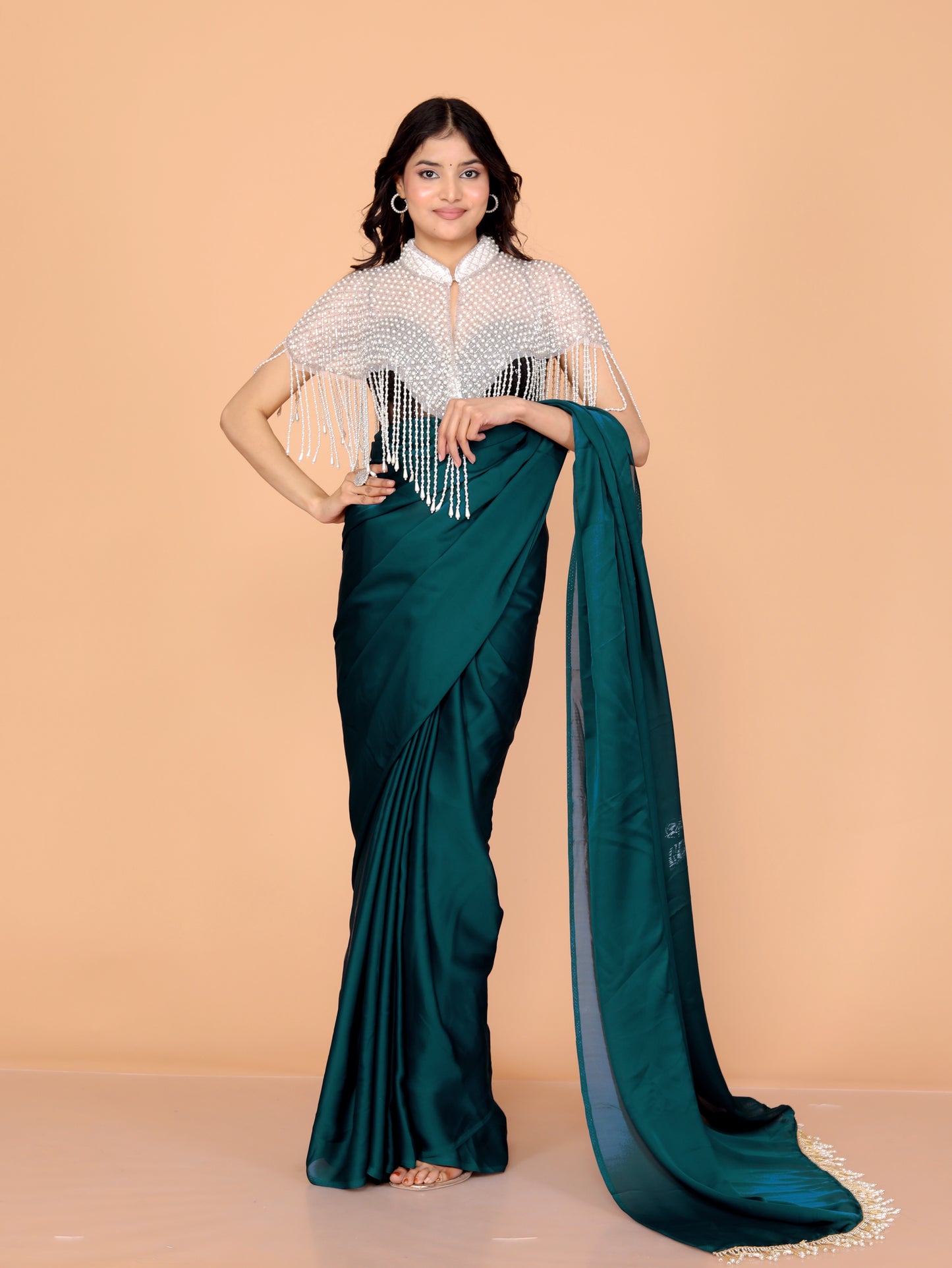 CREPE PLAIN TASSELS WORK TURQUOISE GREEN SAREE BY SKFBHOLUBHAI