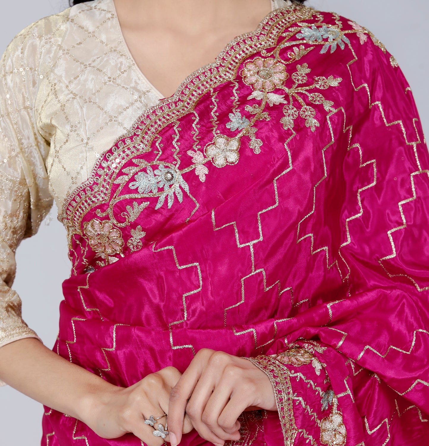HO SILK ZARI EMBROIDERY HANDWORK JAAL RANIPINK SAREE BY SKFBHOLUBHAI