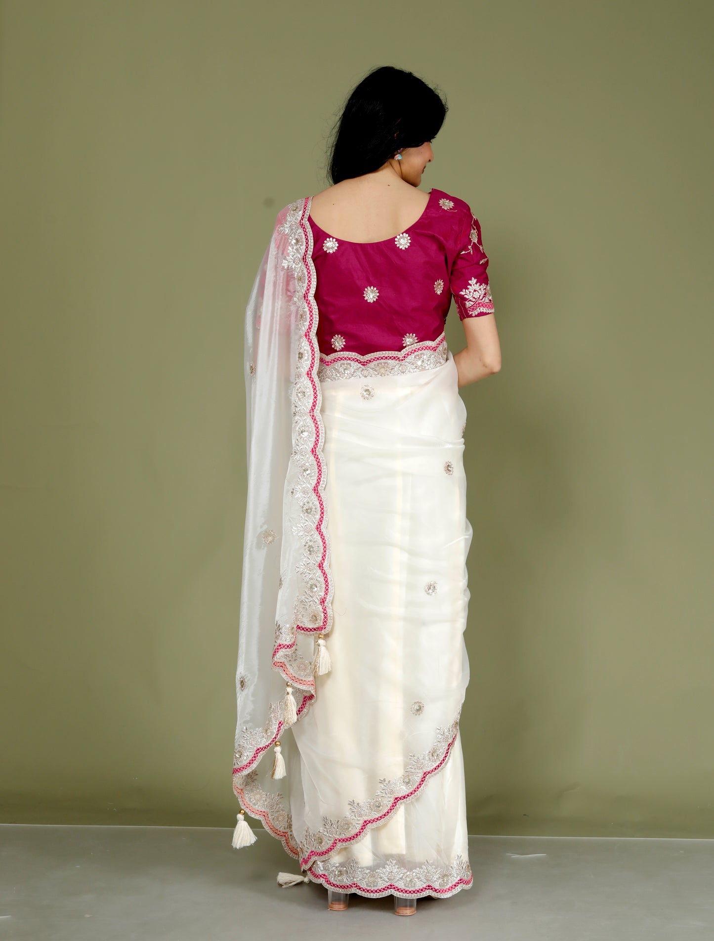 NEAT ORGANZA ZARI EMBROIDERY CUTWORK STICH BLOUSE IVORY SAREE BY SKFBHOLUBHAI