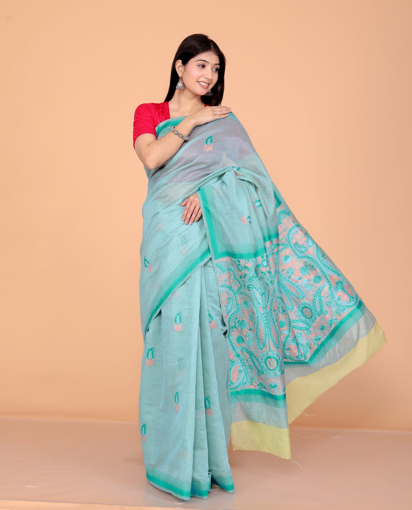 COTTON BLEND WEAVING FIROZI SAREE BY SKFBHOLUBHAI