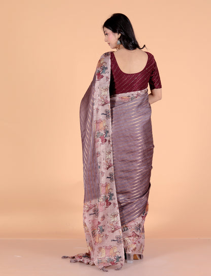 Pure Digital Linen Zari Lining Saree