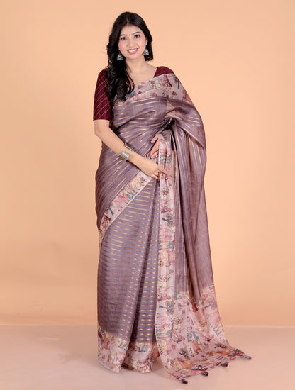 Pure Digital Linen Zari Lining Saree