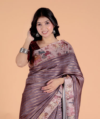 Pure Digital Linen Zari Lining Saree