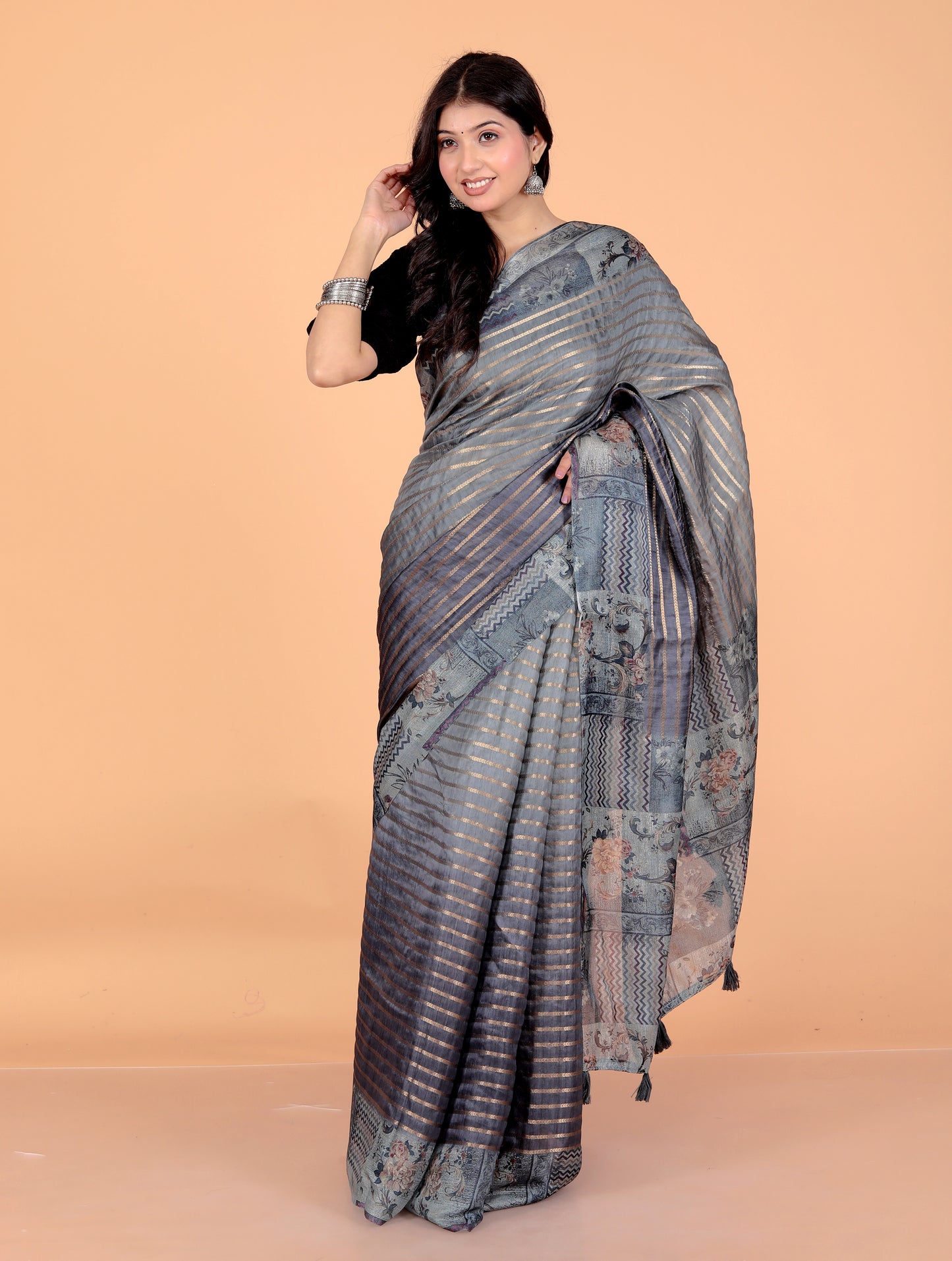 Pure Digital Linen Zari Lining Saree