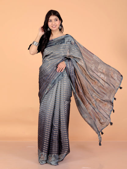 Pure Digital Linen Zari Lining Saree