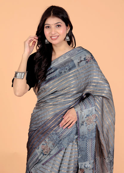 Pure Digital Linen Zari Lining Saree