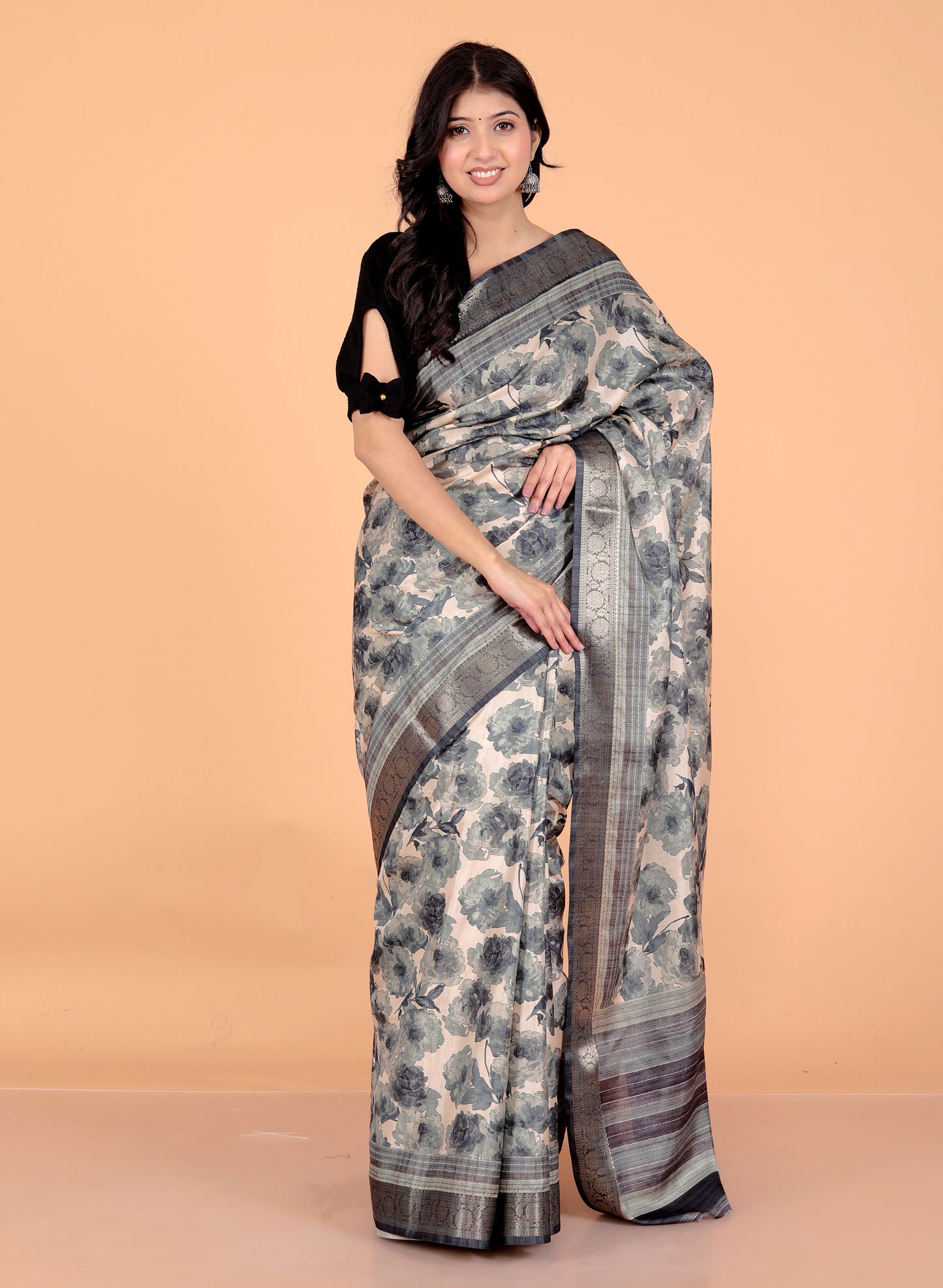 Pure Digital Tussar Silk Printed Zari Border Saree