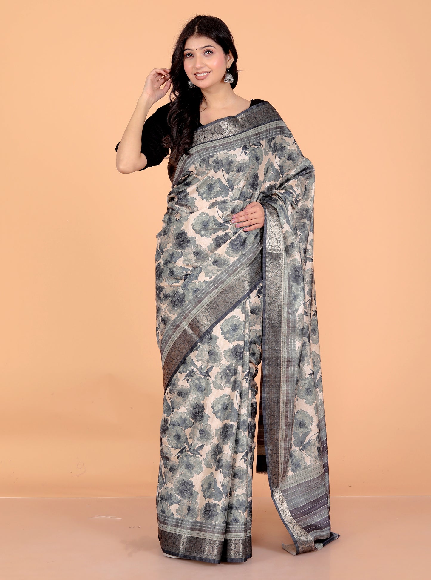 Pure Digital Tussar Silk Printed Zari Border Saree