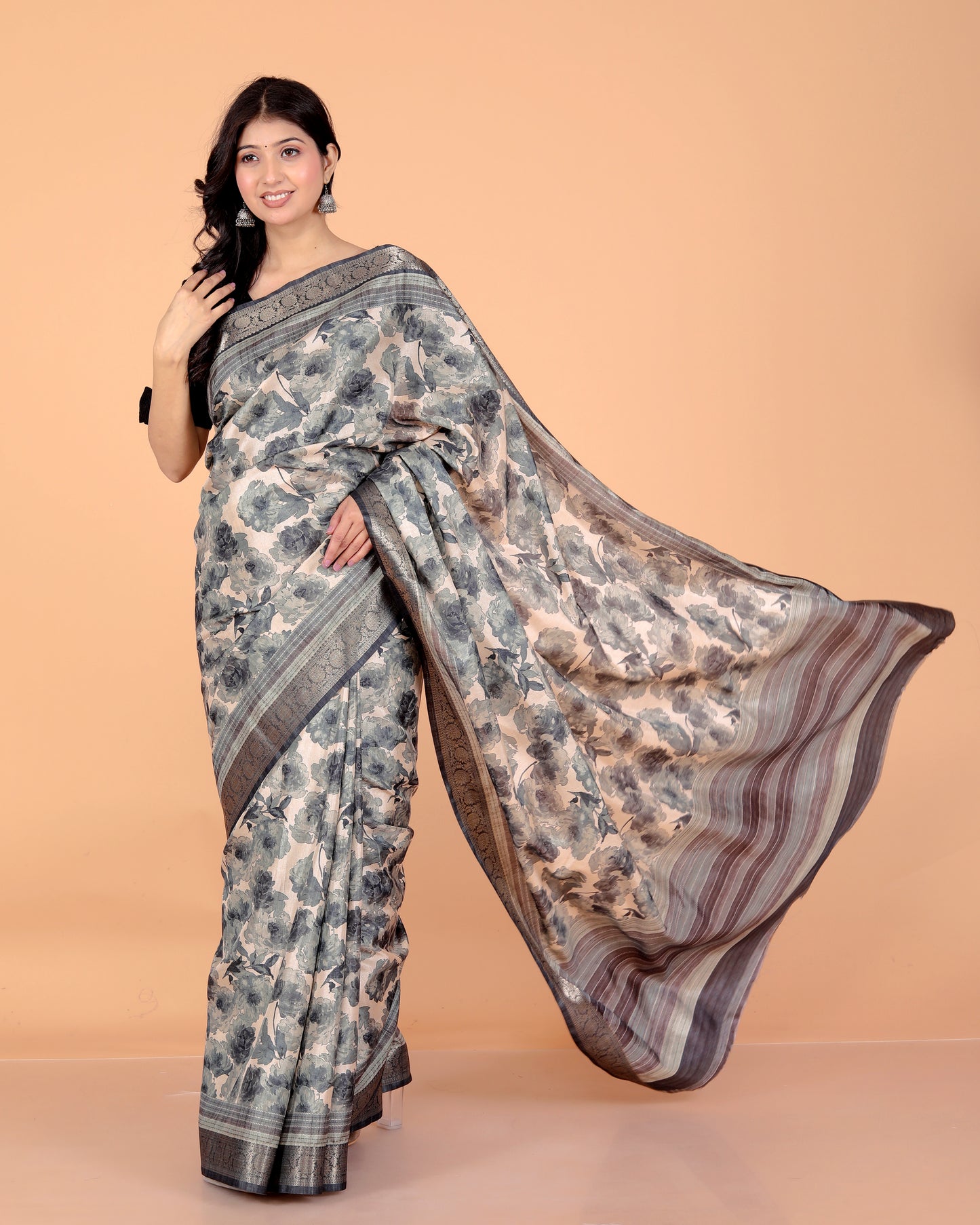 Pure Digital Tussar Silk Printed Zari Border Saree