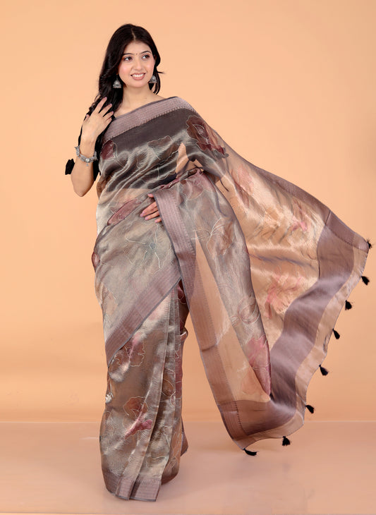 Pure Tissue Crush Aari Work Saree