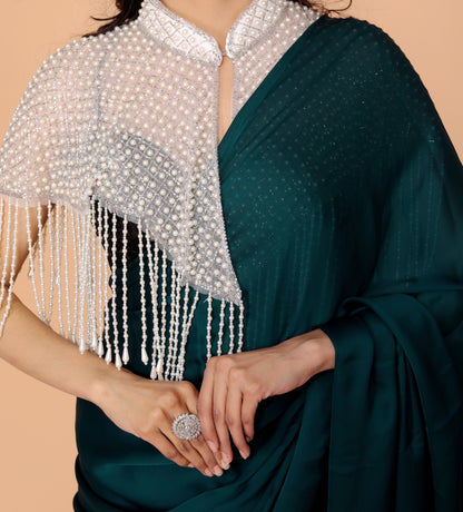 PEARL HANDWORK CAPE STYLE NET WHITE BLOUSE BY SKFBHOLUBHAI