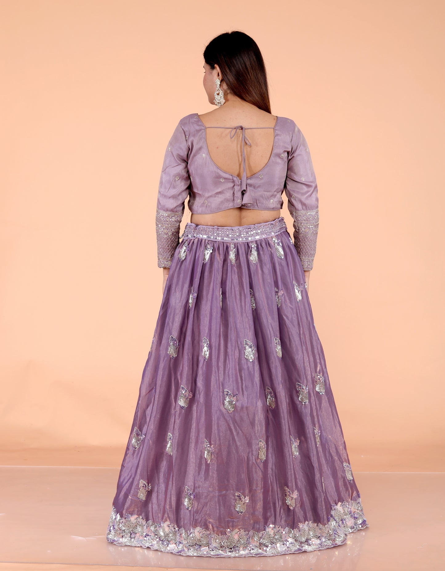 GLOSSY TISSUE HANDWORK DETAILING LAVENDER LEHNGA BY SKFBHOLUBHAI