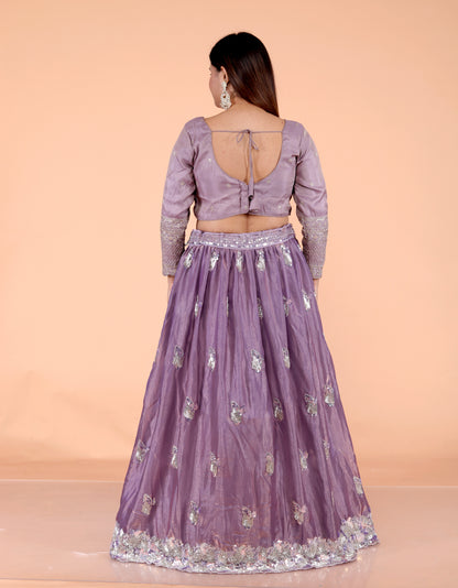GLOSSY TISSUE HANDWORK DETAILING LAVENDER LEHNGA BY SKFBHOLUBHAI