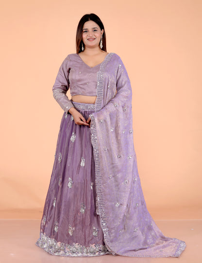 GLOSSY TISSUE HANDWORK DETAILING LAVENDER LEHNGA BY SKFBHOLUBHAI