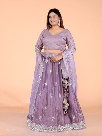 GLOSSY TISSUE HANDWORK DETAILING LAVENDER LEHNGA BY SKFBHOLUBHAI