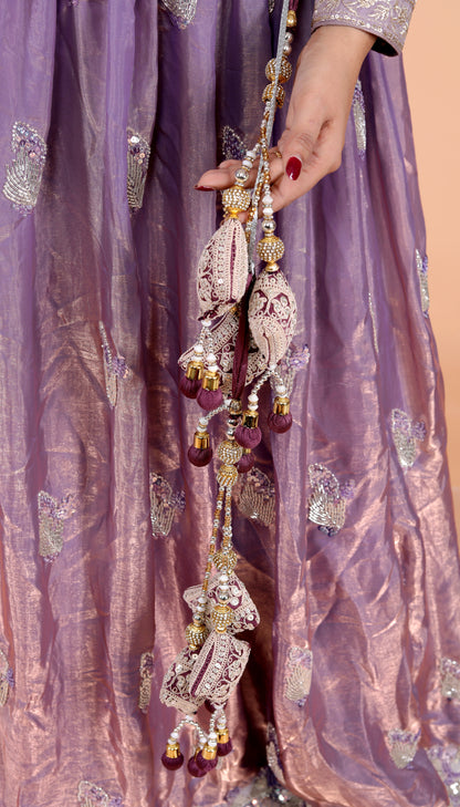 GLOSSY TISSUE HANDWORK DETAILING LAVENDER LEHNGA BY SKFBHOLUBHAI