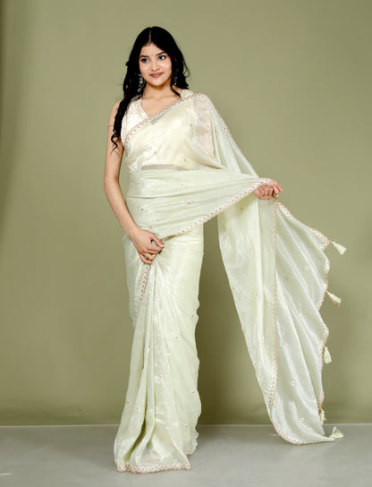 CRUSH TISSUE PERAL HANDWORK PISTA GREEN SAREE BY SKFBHOLUBHAI