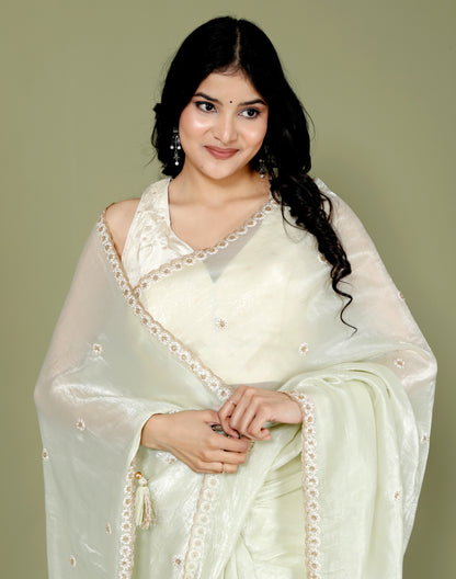 CRUSH TISSUE PERAL HANDWORK PISTA GREEN SAREE BY SKFBHOLUBHAI
