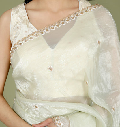 CRUSH TISSUE PERAL HANDWORK PISTA GREEN SAREE BY SKFBHOLUBHAI