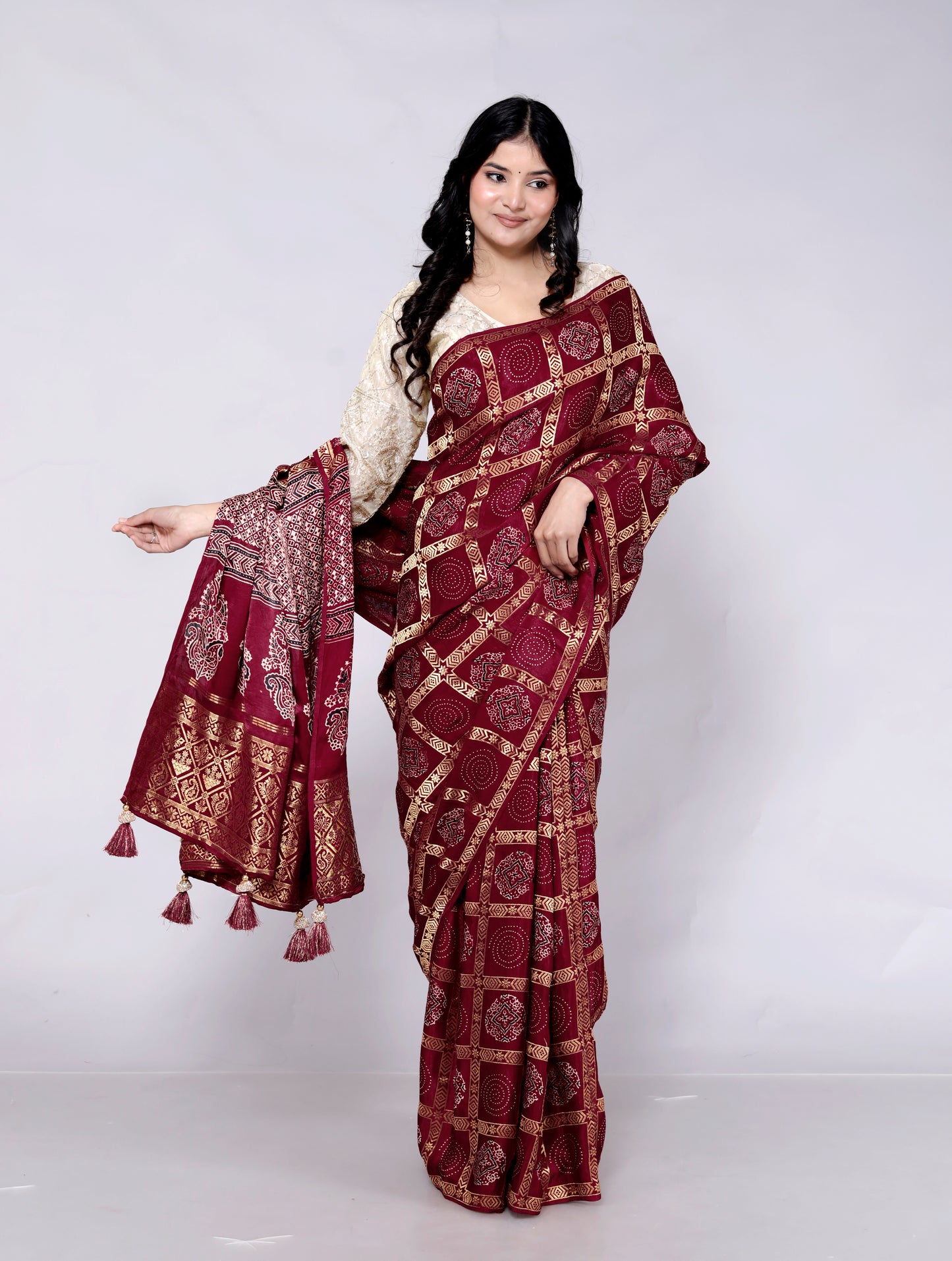 GAJJI SILK GHATCHOLA ZARI WEAVING MEHROON SAREE BY SKFBHOLUBHAI