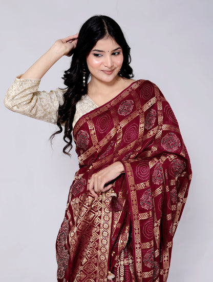GAJJI SILK GHATCHOLA ZARI WEAVING MEHROON SAREE BY SKFBHOLUBHAI