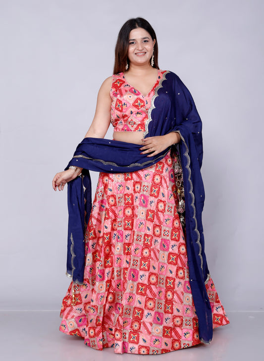 Silk Bhandhani Painted Zari Embroidery Lehnga