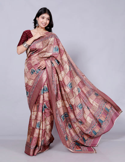 Pure Digital Tussar Silk Zari Weaving Saree