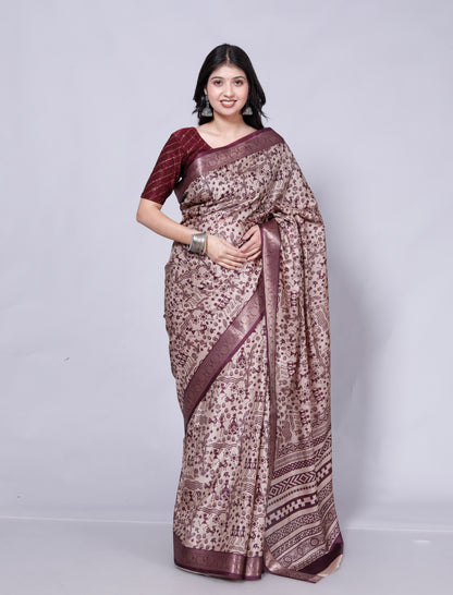 Pure Digital Tussar Silk Zari Weaving Saree