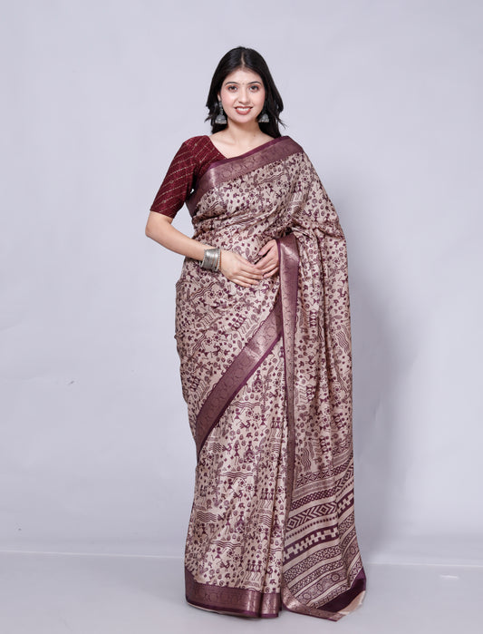 Pure Digital Tussar Silk Zari Weaving Saree